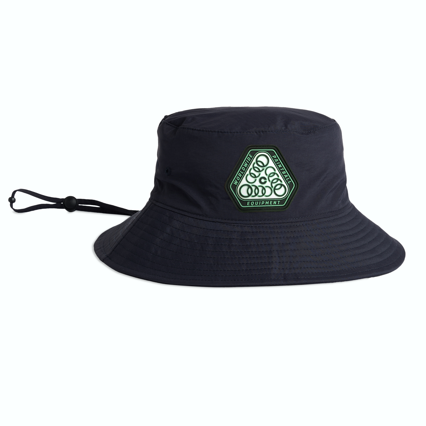 Black bucket hat with a teal patch logo on a white background.