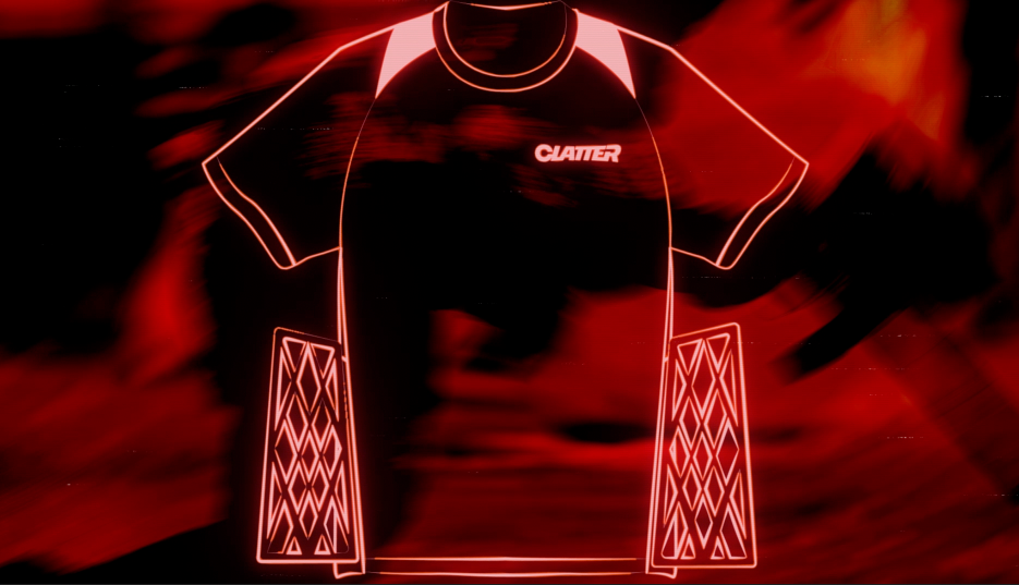 Outline of a t-shirt with 'Clatter' branding on a fiery background