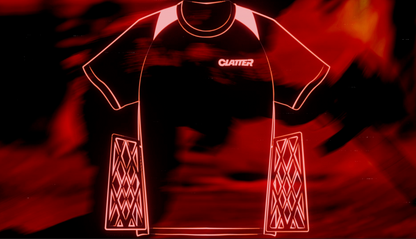 Outline of a t-shirt with 'Clatter' branding on a fiery background