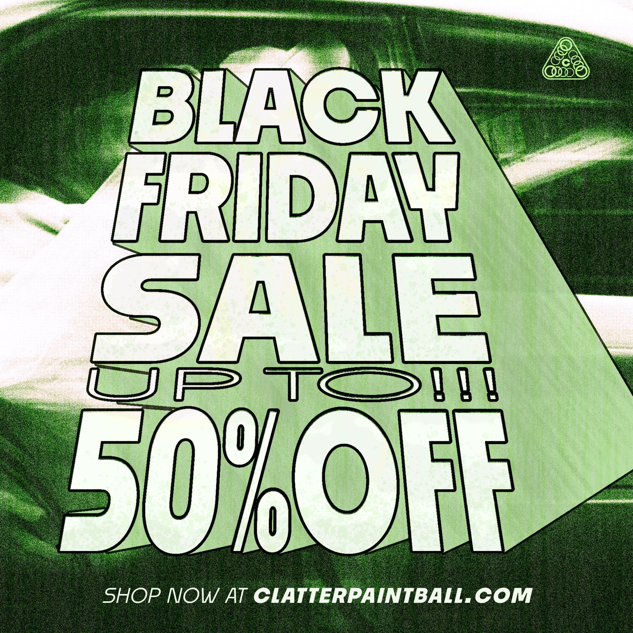 Black Friday sale advertisement with text overlay on a green background