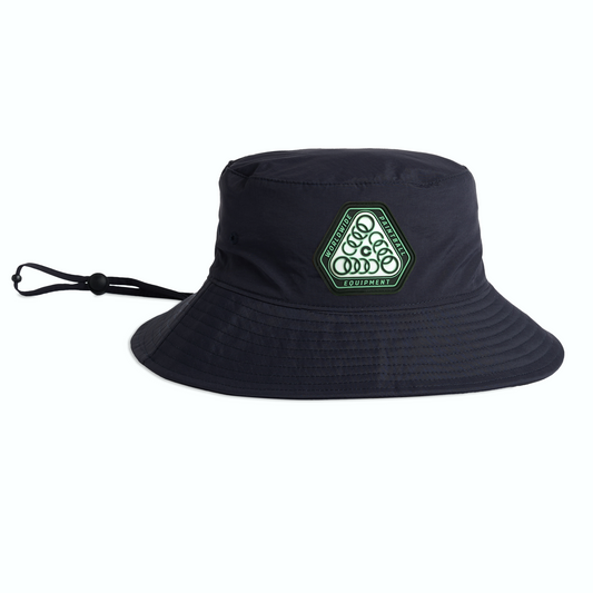 Black bucket hat with a teal patch logo on a white background.